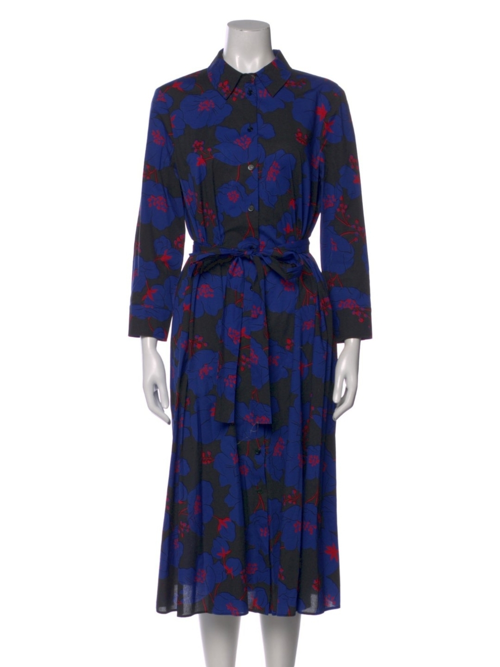 Carolina Herrera Blue and Red Floral Long-Sleeve Tie-Waist Shirt Dress